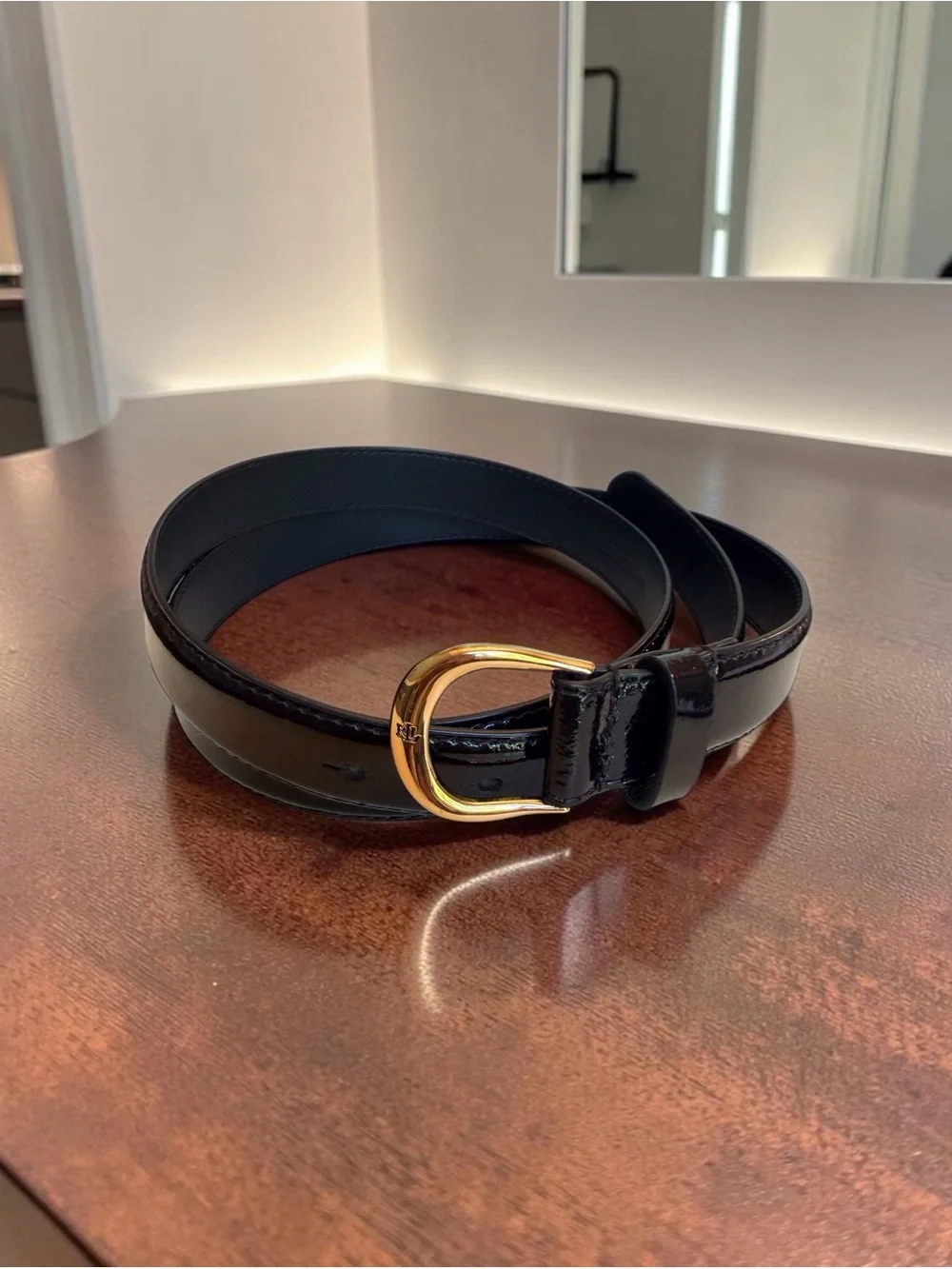 Lauren Ralph Lauren Black Patent Belt with Gold LRL Buckle, size Large (NWOT)